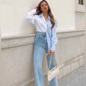 Zara High Waist Wide Leg Jeans Sz 8 Raw Hem Light Wash Blogger